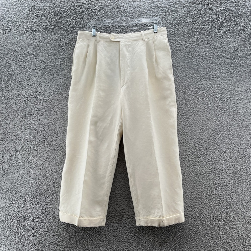 Bernard Zins Pants Womens 34 Ivory Linen Silk Pleated Cuffed Crop Ankle Trouser